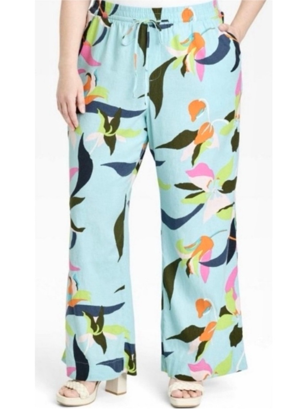 A New Day Tropical Floral Linen Blend Wide Leg Pants Light Blue Size L